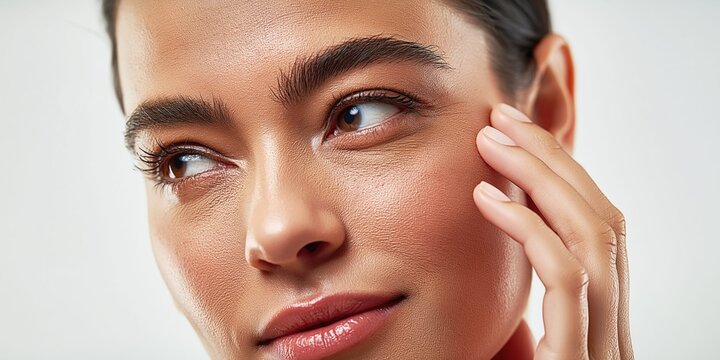 Close-up portrait of a woman with radiant skin gently touching her cheek