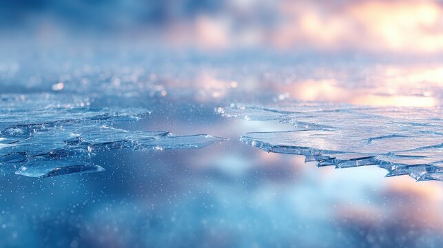 Close up of cracked lake ice with blue reflections and warm sunrise bokeh in winter