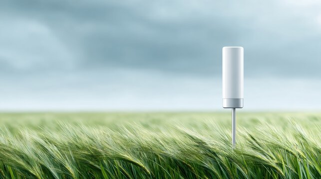 Wireless cellular antenna mast in green grain field under cloudy sky rural connectivity concept