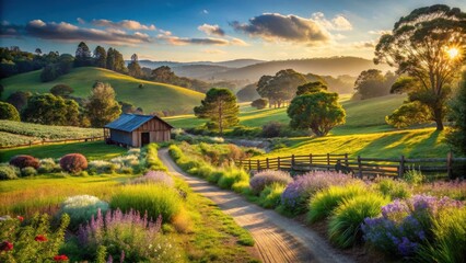 Obraz premium Serene Sunset Landscape A Rustic Barn Nestled Amongst Rolling Green Hills, a Dirt Road Winding Through Vibrant Floral Borders, and the Golden Hues of the Evening Sun Painting the Scene