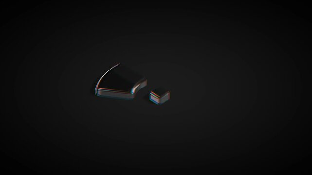 3D circular pie chart icon with chromatic aberration effect on a black surface for financial data analysis and business statistic visualization concepts