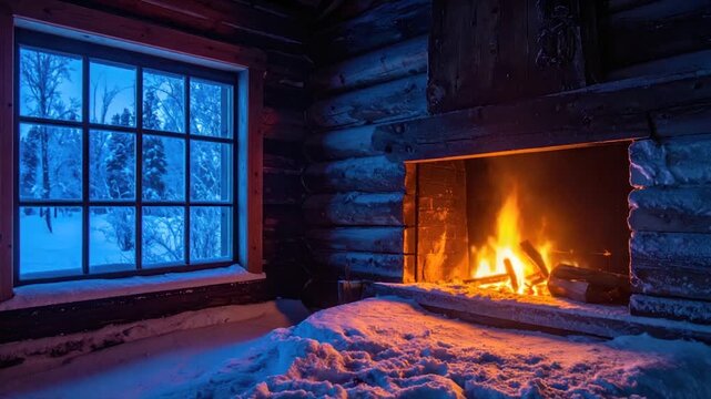 Interior of a rustic cabin with a lit fireplace, snow-covered floor, and a wintry window view