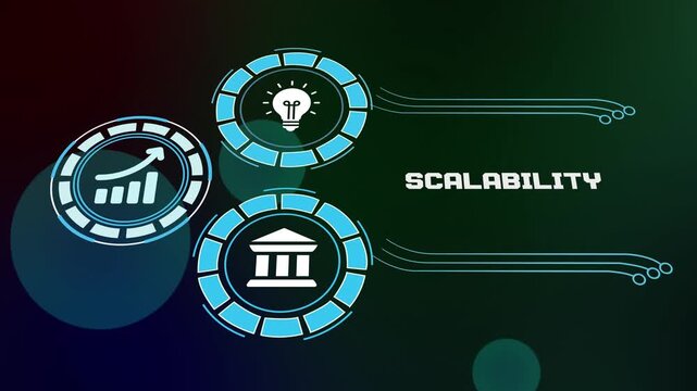 Enterprise scalability and flexible business expansion concept. Digital icons representing the ability to grow, adapt, and handle increasing workloads.