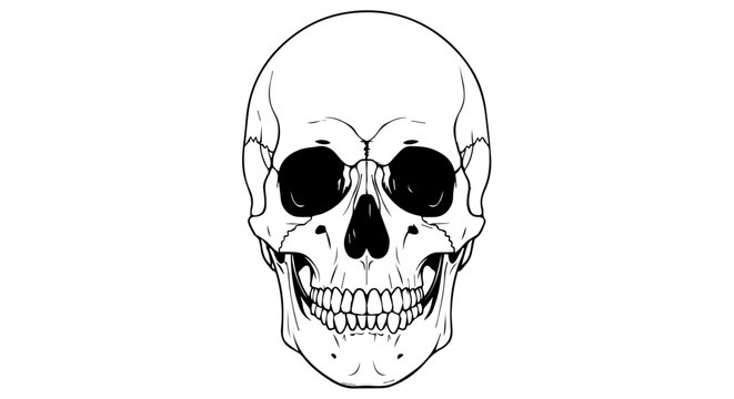 Detailed black and white skull illustration highlighting anatomy and shading for study.