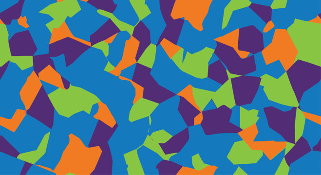 Abstract seamless pattern featuring colorful geometric polygons in shades of blue green orange and purple for modern background design.