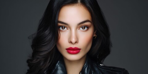 Fototapeta premium Confident woman with dark wavy hair and bold red lipstick in a leather jacket
