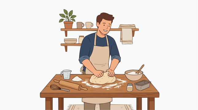 Man baking homemade bread in the kitchen, highlighting artisanal cooking, home comfort, and household routine.