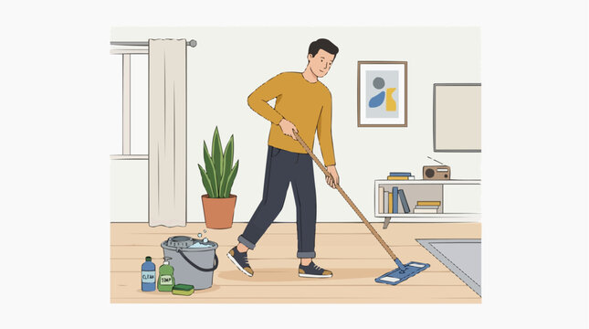 Man cleaning the apartment floor with a squeegee, highlighting household routine, cleanliness, and home care.