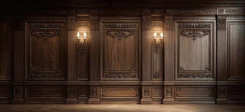 Elegant Dark Wood Paneled Wall with Sconces and Wooden Floor.