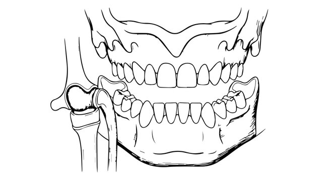 Detailed line drawing of a human skull showing upper and lower teeth and jaw anatomy.