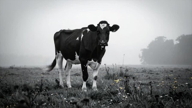 A black and white cow stands in a field with yellow flowers and a misty backdrop
