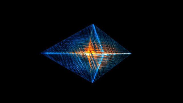 Abstract crystal pyramid with glowing orange core and blue water caustic patterns for a mystical energy and sustainability concept