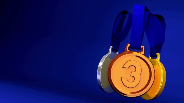 Spinning Gold Silver and Bronze Medals with Blue Ribbons 3D Render