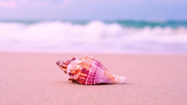 A detailed image of a seashell on a sandy beach, blurred ocean in background