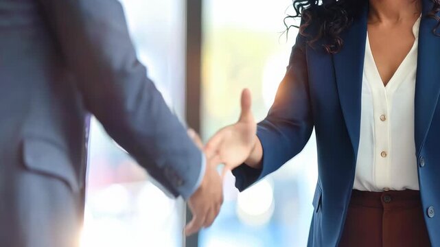 カールヘアの女性ビジネスパーソンが笑顔で握手を交わす商談シーン