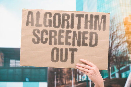 "Algorithm Screened Out" Hiring algorithms filter qualified people using irrelevant data patterns. ALGORITHMS. FILTER. QUALIFIED. IRRELEVANT. PATTERNS.
