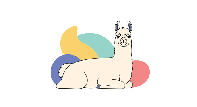 Cute white llama sits peacefully against a vibrant backdrop of abstract colorful organic shapes in a modern vector art style.