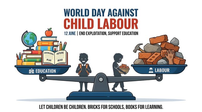 Illustration of children protesting against child labour with construction and factory symbols