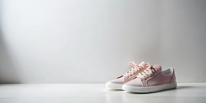 A pair of pale pink casual sneakers rests on a minimalist white surface against a simple backdrop
