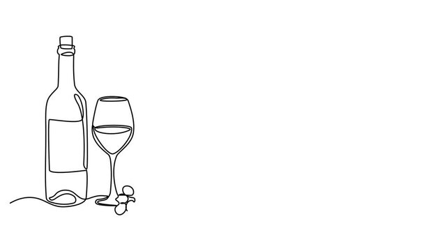 Continuous line drawing of wine glass, wine bottle and grapes, editable line art vector illustration.