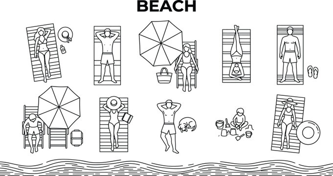 Top view line illustration of people relaxing on beach with umbrella, sunbathing and summer leisure activities, overhead perspective in clean minimal outline style
