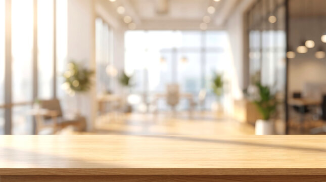 Wooden table top mockup with blurred warm office interior background and golden hour light for product display