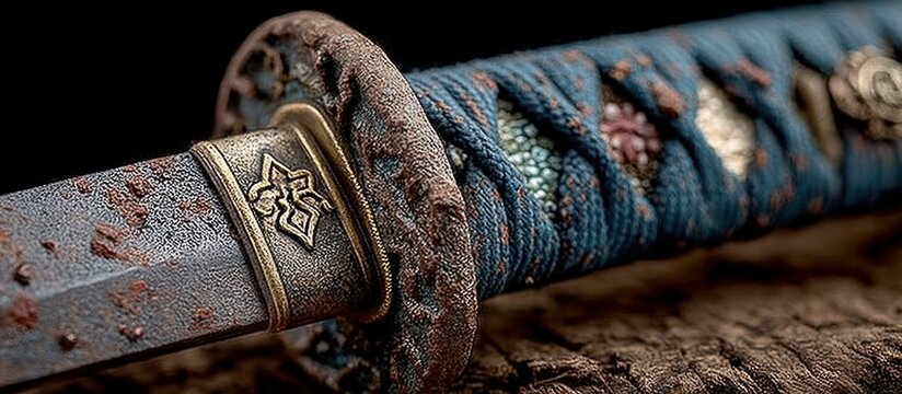 Detailed macro view of an antique katana's hilt and weathered blade