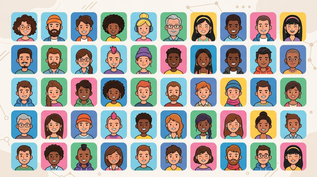 Diverse Group of Cartoon People Avatars in Square Frames.