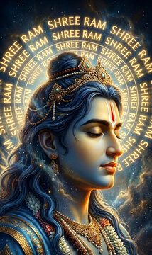 Divine Lord Ram portrait with Shree Ram mantra background, spiritual Hindu god illustration