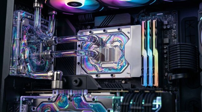 Close-up view of a high-performance custom liquid cooled gaming PC featuring vibrant RGB lighting, transparent water blocks with iridescent coolant, and professional cable management.