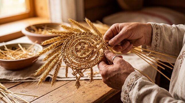 Close-up of elderly hands skillfully weaving a traditional harvest ornament from golden wheat stalks in a rustic wooden workshop, showcasing authentic folk craftsmanship and heritage.