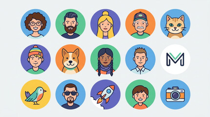 Fototapeta premium Collection of Diverse Avatars and Icons Representing People Animals and Objects.