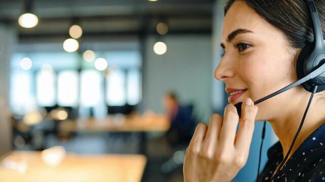 ヘッドセットを付けた女性スタッフが通話対応を行うサポート業務風景