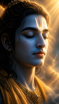 Peaceful Lord Ram in meditative pose with soft golden divine light, serene Hindu god portrait
