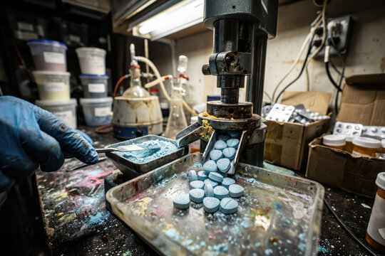Gloved hand operating a pill press to manufacture counterfeit blue tablets in an illegal clandestine laboratory