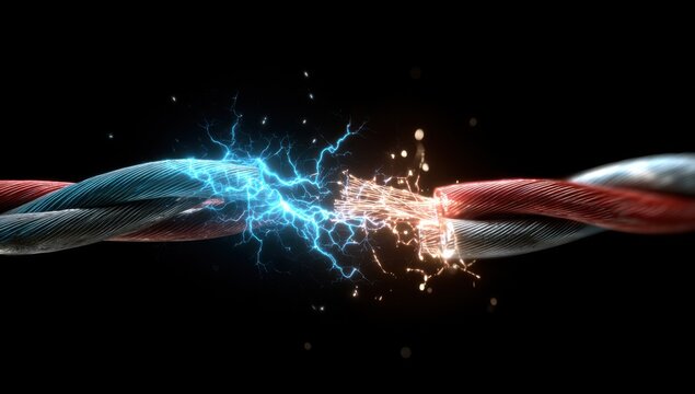 Close-up of two electrical wires sparking with blue and orange energy on a black background.