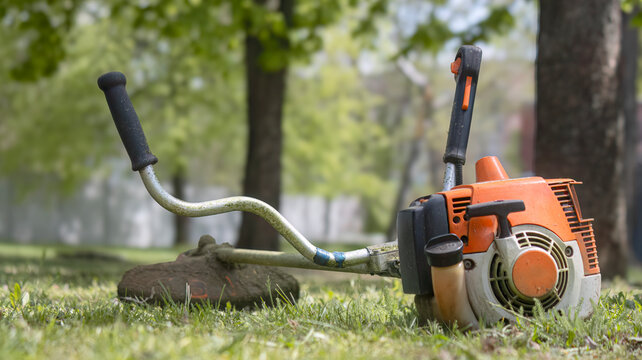 Close-up of a Gasoline Brush Cutter Engine in a Public Park