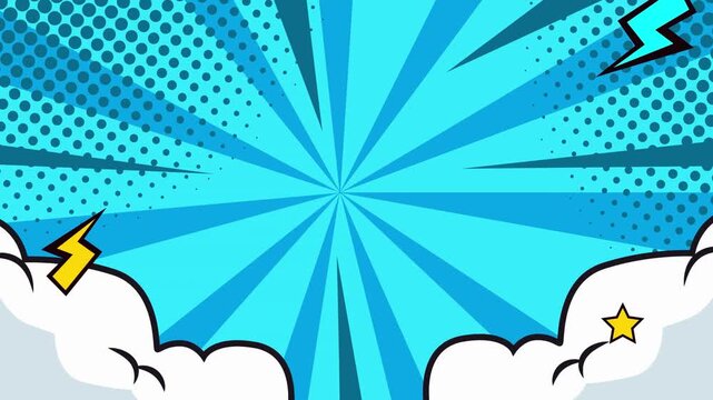 Blue Comic Style Radial Background with Clouds and Lightning Bolts