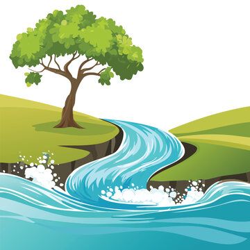 Cartoon stream flowing through green landscape with a tree under sunny sky