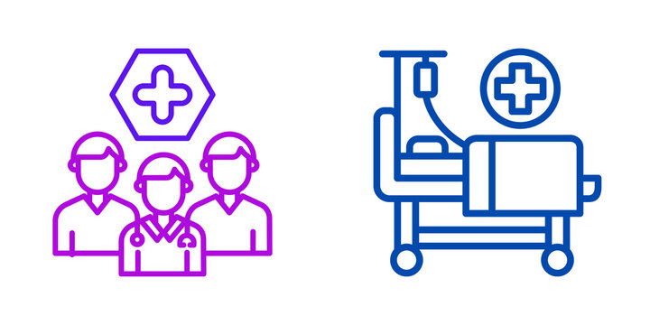 Medical team and hospital bed icons isolated on transparent background