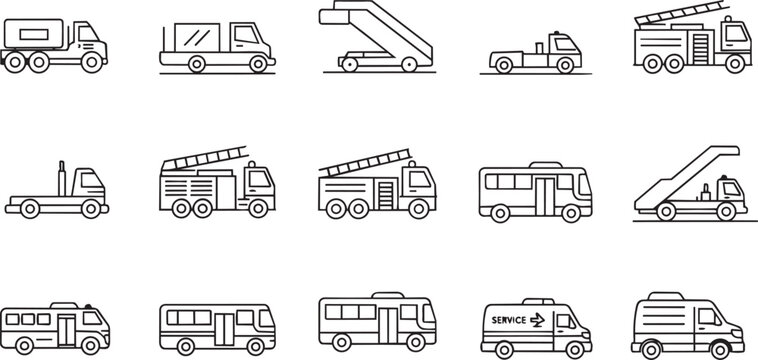 Black and white of airport ground support vehicles and equipment baggage cart cargo loader