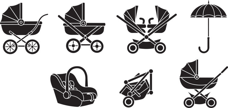 Black and white of baby strollers and prams for transport baby carriage infant transport