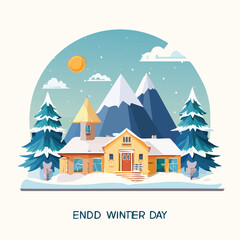 Fototapeta premium Winter landscape illustration with house mountains and snow day scene