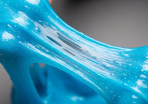 Closeup of blue gooey slime being stretched with water droplets on it