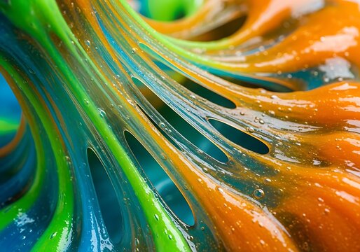 Closeup of colorful gooey slime with orange green and blue hues  flowing textures