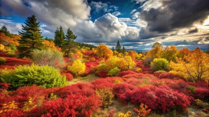 Obraz premium Autumnal hillside ablaze with vibrant red, gold, and yellow foliage under a dramatic sky