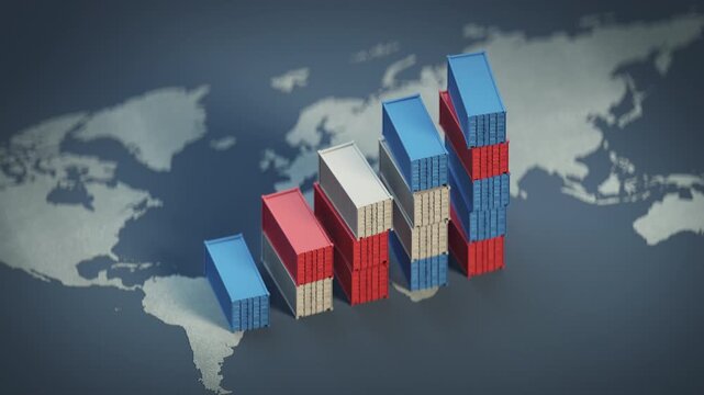 Cargo shipping containers arranged as a rising bar chart over a world map. Global trade growth, logistics analytics, import export statistics, and supply chain concept. 3D render animation