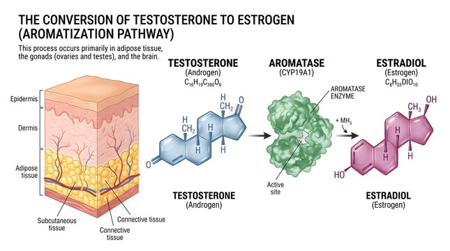 Conversion of Testosterone to Estrogen in Human Adipose Tissue &ndash; Detailed Aromatization Pathway Diagram Showing Skin, Subcutaneous Fat, Blood Vessels, Aromatase Enzyme and Molecular Transformation int