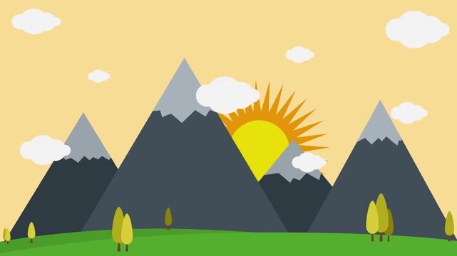 Flat Design Mountain Landscape with Sun and Clouds