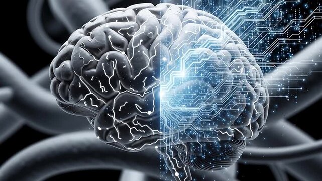 A detailed video of a human brain featuring digital elements, representing the interface between human intelligence and technology